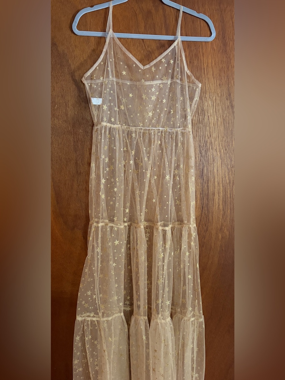 Sheer Gold Tiered Midi Dress with Gold Star Embroidery